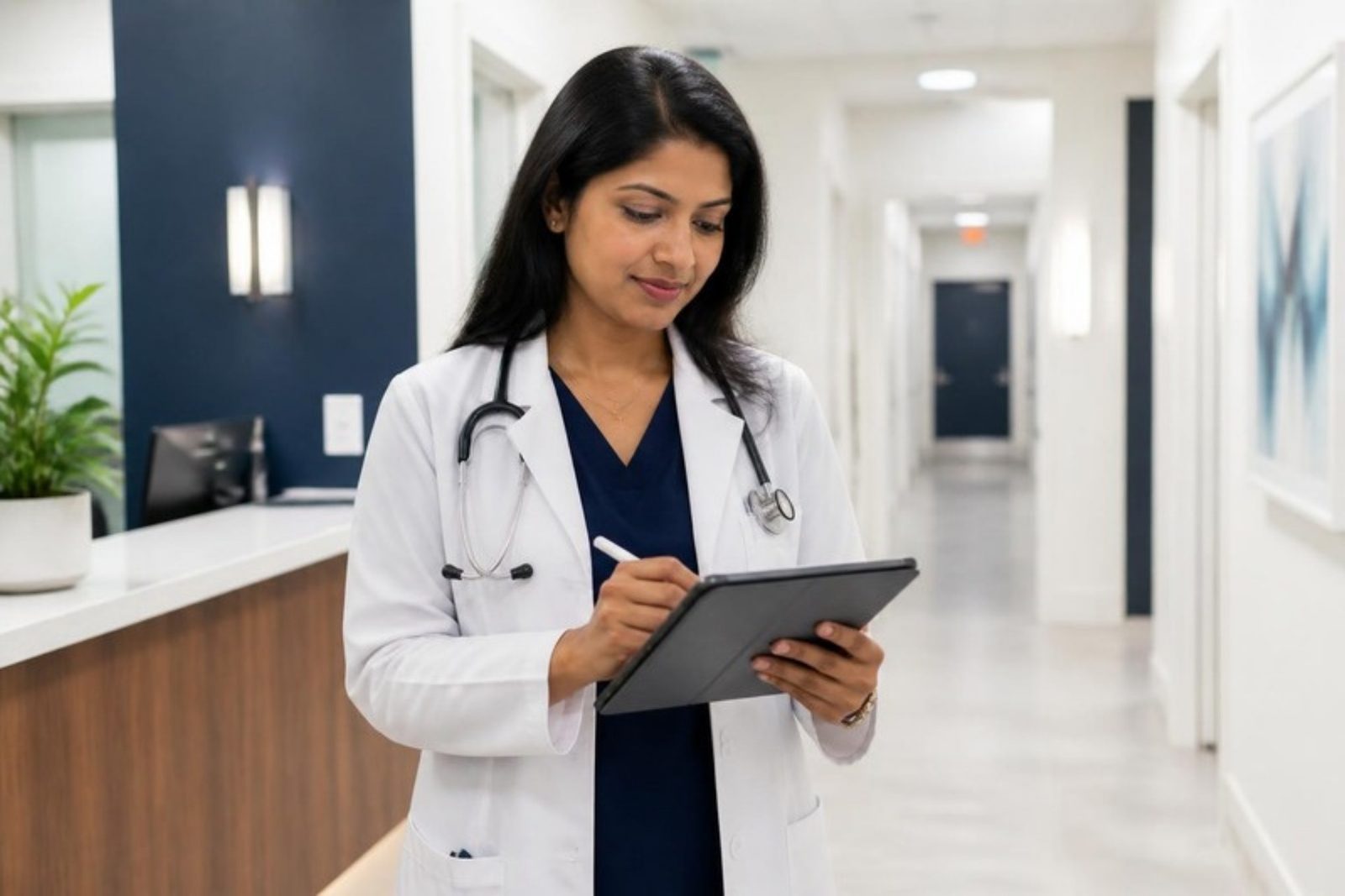 A physician reviewing a form on a tablet in a clinic hallway